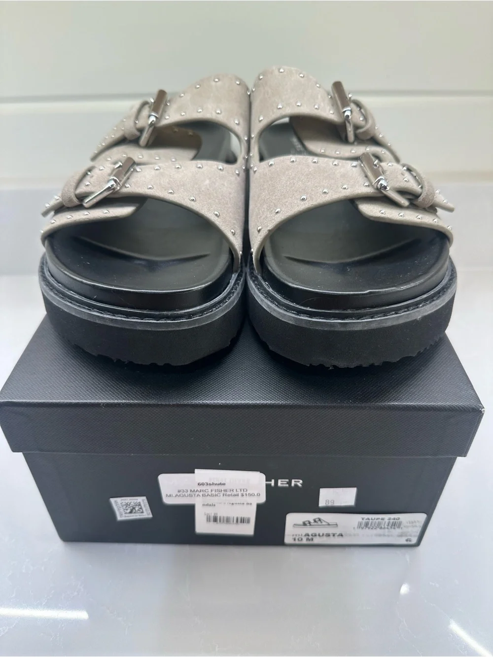 Marc Fisher LTD Agusta Studded Slide Sandals Taupe Suede Size 10